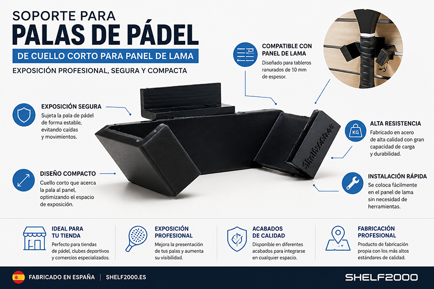 Infografía del soporte para palas de pádel de cuello corto compatible con panel de lama y tablero ranurado de 10 mm, fabricado en acero para tiendas de pádel y comercios deportivos.
